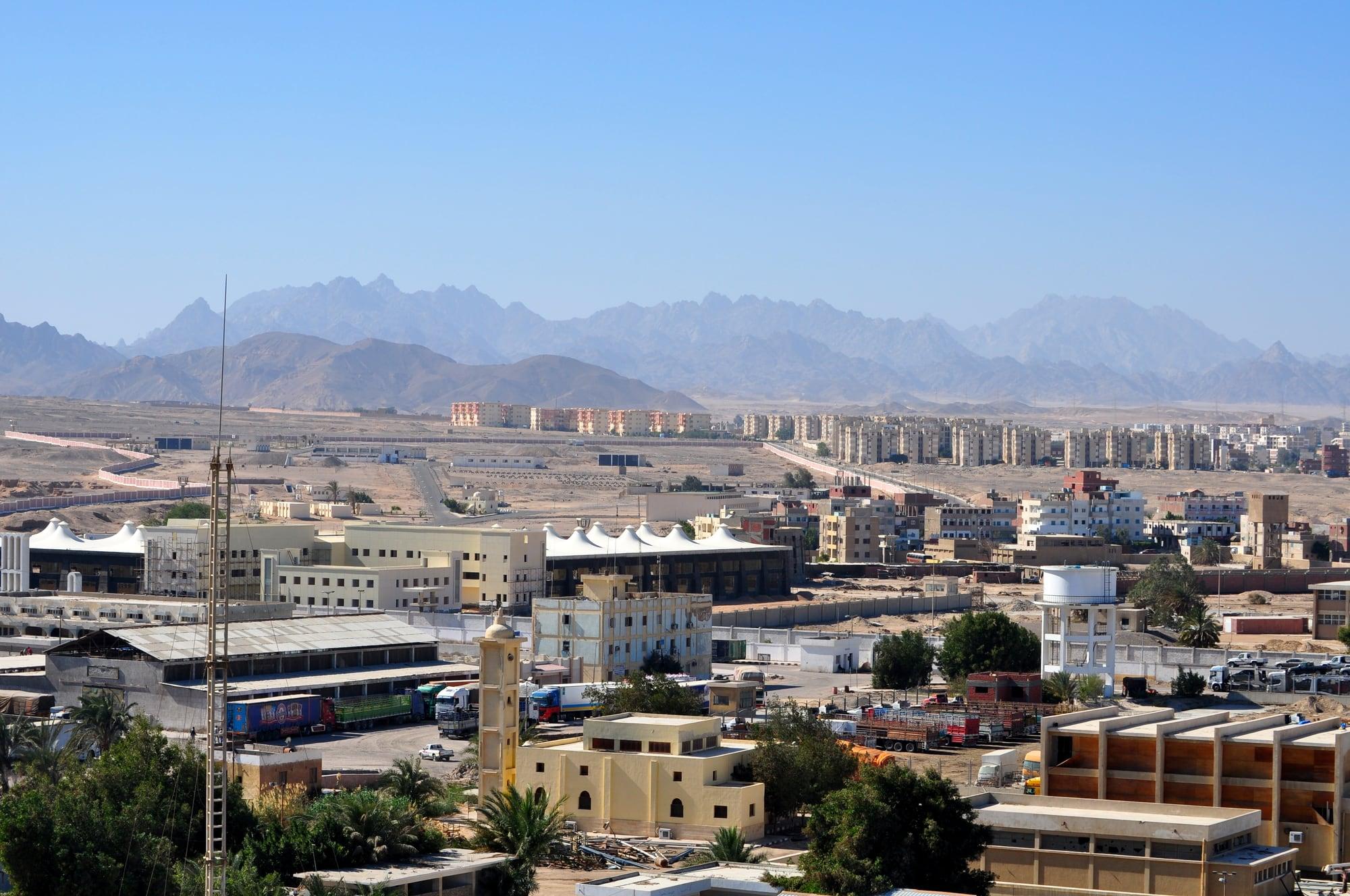 A view over the port town of Safaga toward the jagged Red Sea mountains