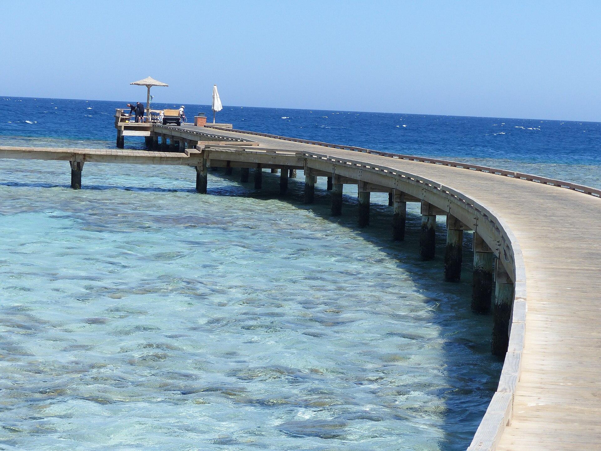 The long jetty running out to the reef edge at Soma Bay